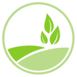 Circular logo of a path through two green hills leading to 3 leaves